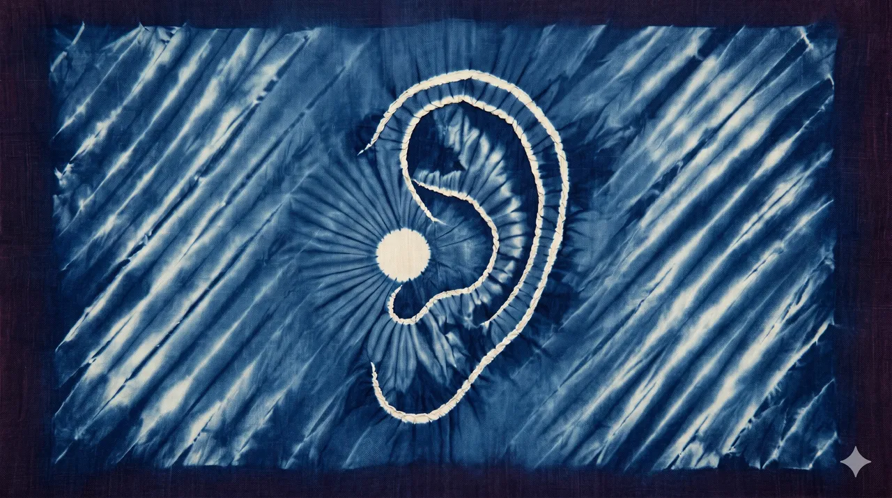A close-up of a human ear rendered in dark indigo and faint skin tone, no scar and no stitches visible, soft warm rim-lighting from one side, faint silver outline of where a wound was claimed to be, set against midnight indigo, never pure black