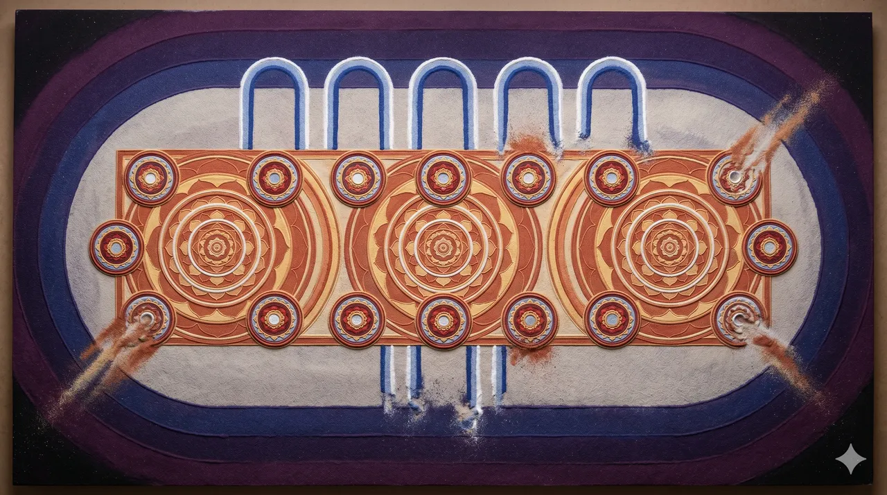 A wide horizontal stage rendered in dark indigo, twelve silhouetted figures seated along a long table beneath cool spotlights, faint amber stage glow, Olympic rings dim above, draped fabric and pale stone columns at the edges, ceremonial atmosphere, set against midnight indigo, never pure black