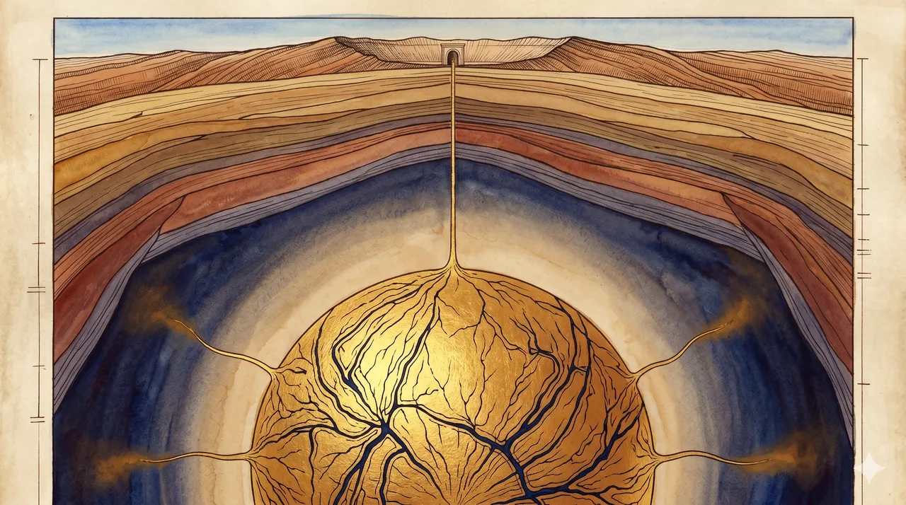A horizontal cross-section of subterranean rock rendered in dark indigo, a huge black sphere with veins of dark amber gold light at its surface buried deep beneath a faintly outlined Yellowstone caldera, Malakoff Caves opening at its uppermost point, distant geographic line-art of the Iran-Iraq region at the far horizon, fine silver linework, never pure black