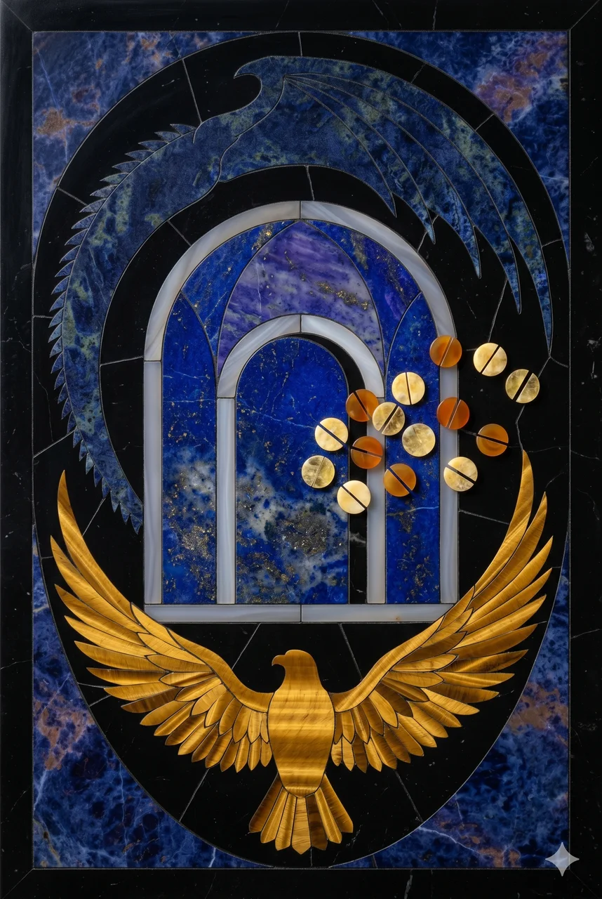 A vertical composition rendered in midnight indigo, a transparent vault at center with a silhouette of a Blue Dragon and a Blue Eagle circling it, coin-shaped symbols dissolving outward from the vault into faint silver particles, soft cool blue light from above and warm amber from below, fine silver linework, never pure black