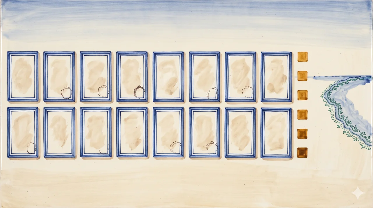 A wide horizontal stage rendered in dark indigo, a long ceremonial wall with empty name plates and faint silver outlines where leadership portraits once hung, scattered extraction stamps glowing in soft amber along the edges, a distant geographic line-art of the Belize coastline at the far horizon, never pure black