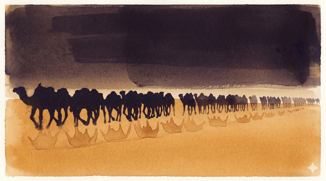 A wide horizontal composition rendered in deep indigo and warm sand amber, a long line of camel silhouettes walking toward a distant horizon with the sun set low behind them, the faint outlines of crown shapes dissolving into the sand at the edges of the path, no human figures visible, never pure black