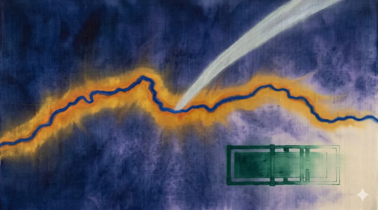 A wide horizontal composition rendered in midnight indigo, a geographic line-art outline of the Iran-Iraq border at center with a band of warm gold current running along it, a faint underground cross-section showing the Mar Saba machine fading out in the lower right, the Lion's Gate alignment shown as a beam of soft silver light bending away from a former path toward the central gate, fine silver linework, never pure black