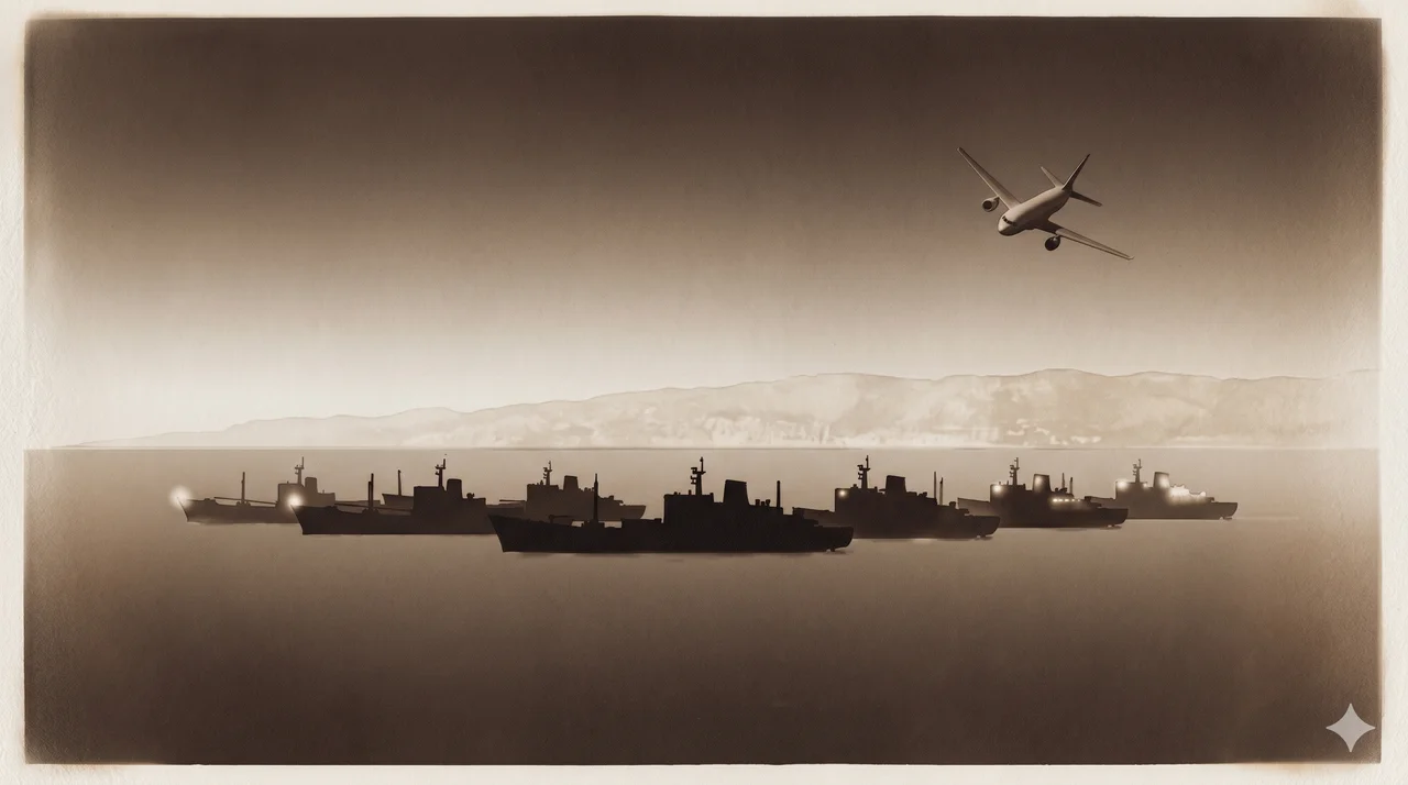 A wide horizontal composition rendered in deep indigo, seven darkened ship silhouettes lined along a far Lebanese coastline, the running lights on each one fading out at slightly different moments, the faint outline of a commander aircraft descending toward an unseen runway in the upper sky, soft copper rim light along the horizon, never pure black