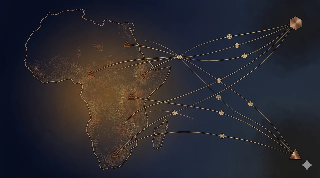An abstract African continent outlined in faded gold against a midnight indigo backdrop, with thin metallic extraction lines radiating outward to the upper and lower right, dotted with small hexagonal and triangular tokens, never pure black