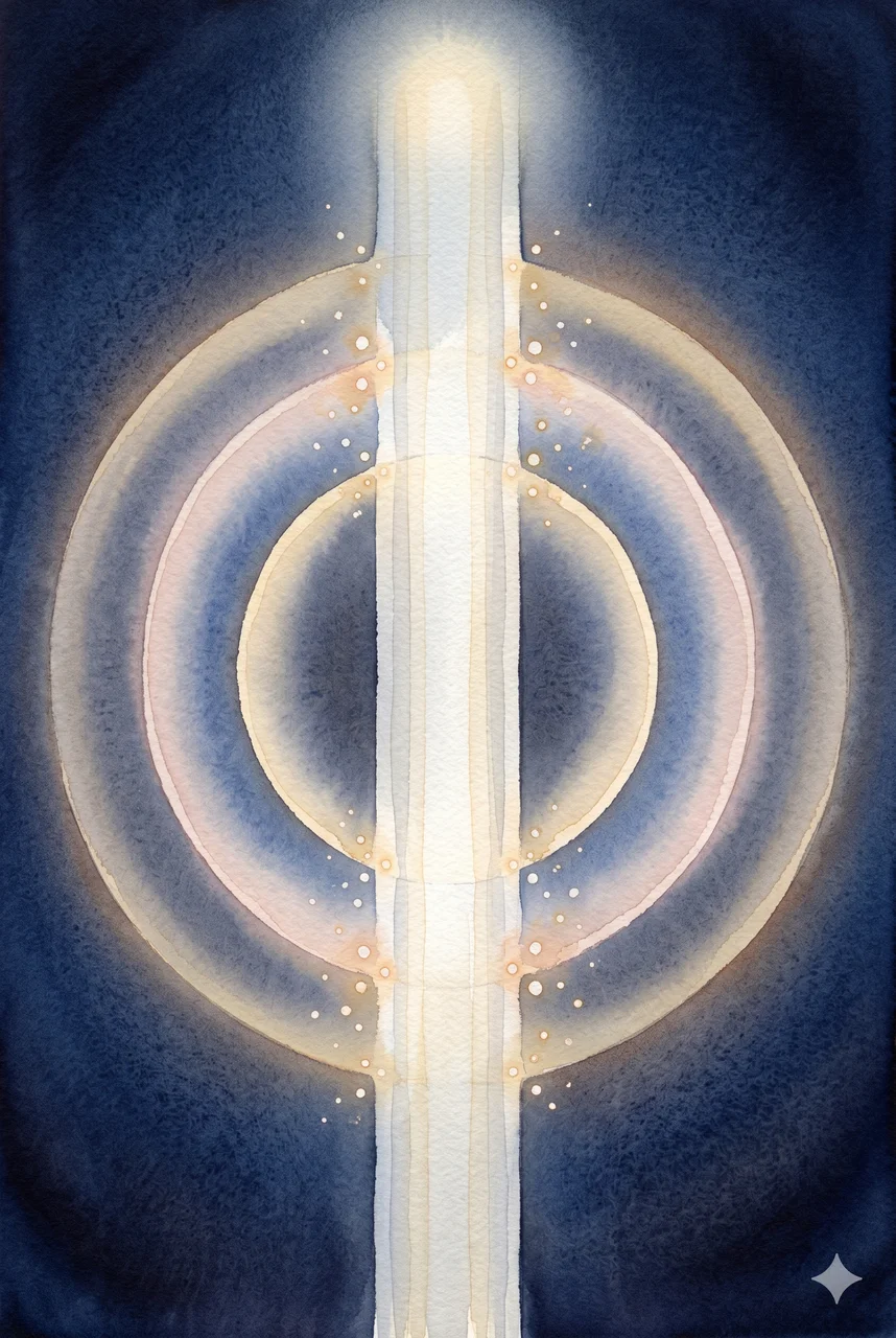 A vertical column of soft luminous light in a portrait frame, surrounded by concentric protective rings, with small scattered light-points at their intersections, rendered in pale silver and faded gold against a midnight indigo gradient, never pure black