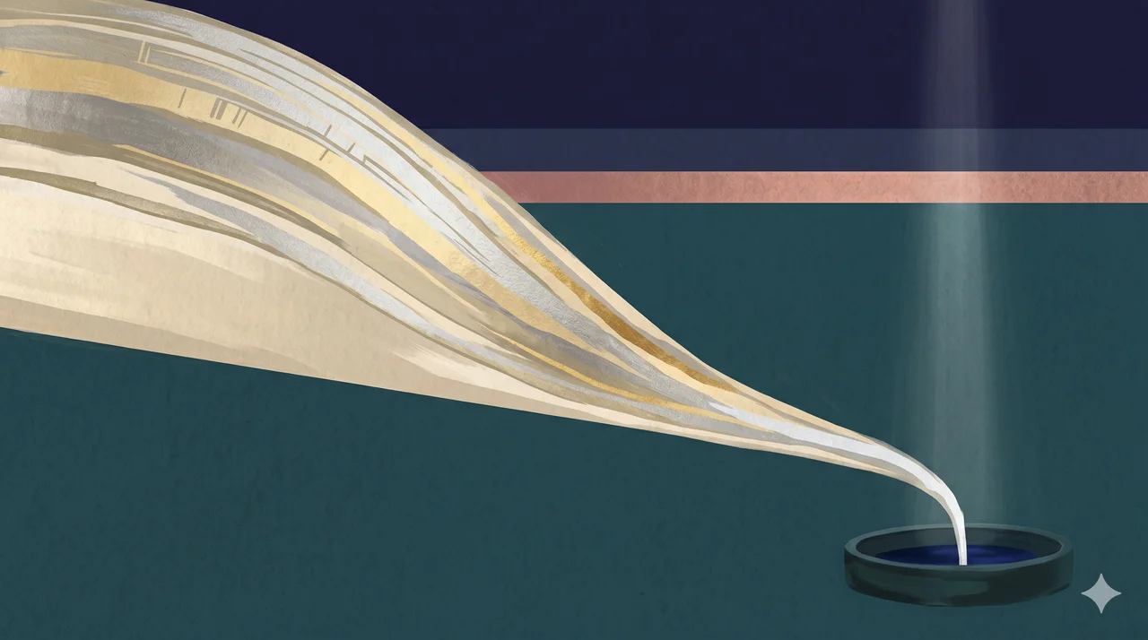 An abstract sharply descending wave traversing a horizontal frame from left to right, with a thin metallic fluid trickling downward into a dim receptacle at the right corner, rendered in faded gold and silvered tones against a midnight indigo gradient, never pure black