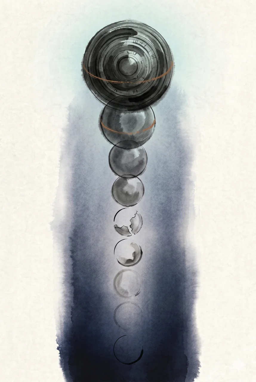 Nine spheres of decreasing luminosity arranged vertically in a portrait frame, the uppermost most prominent and fading downward into outline, rendered in faded gold and rust against a midnight indigo gradient, never pure black