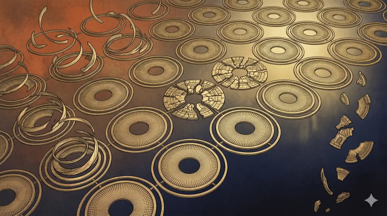 A horizontal grid of abstract radial surveillance motifs unraveling from left to right, fragments arcing forward, rendered in faded gold and rust against a midnight indigo gradient, never pure black