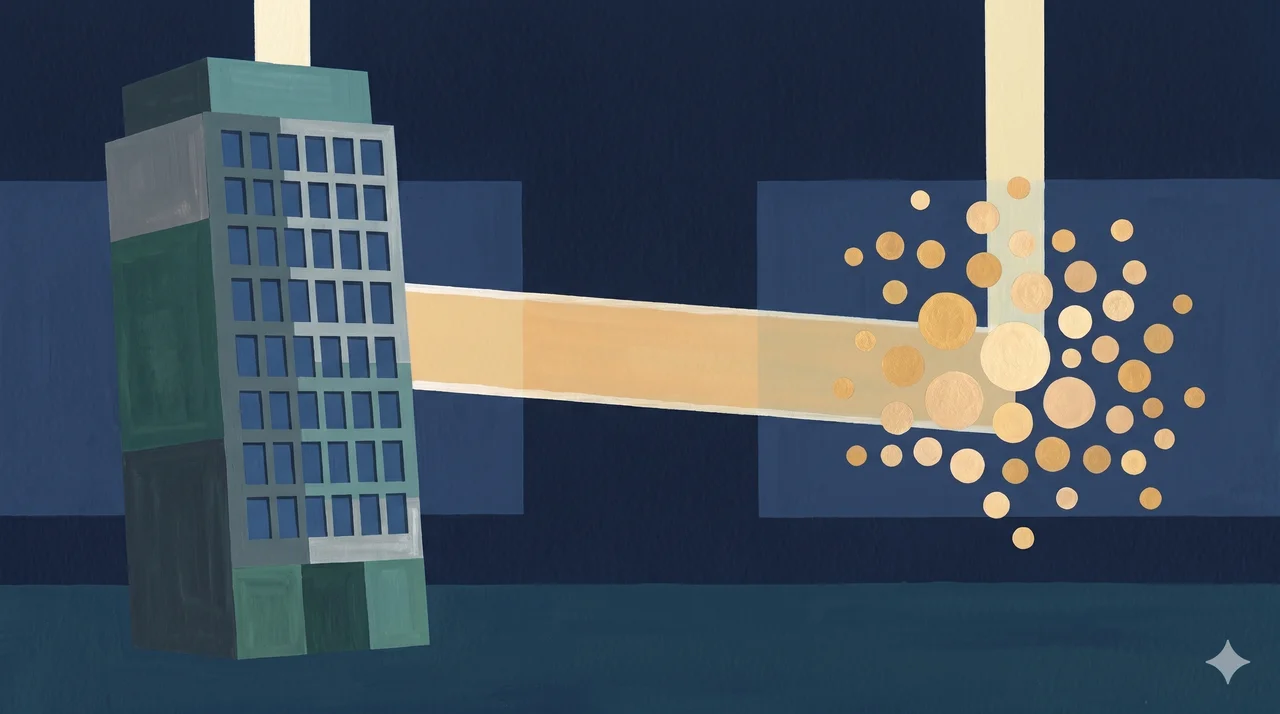 A horizontal frame with a tall geometric corporate form on the left, a constellation of small circular figures on the right, connected by a bridge of light, with a vertical Source column descending from above, rendered in faded gold and silver against a midnight indigo gradient, never pure black