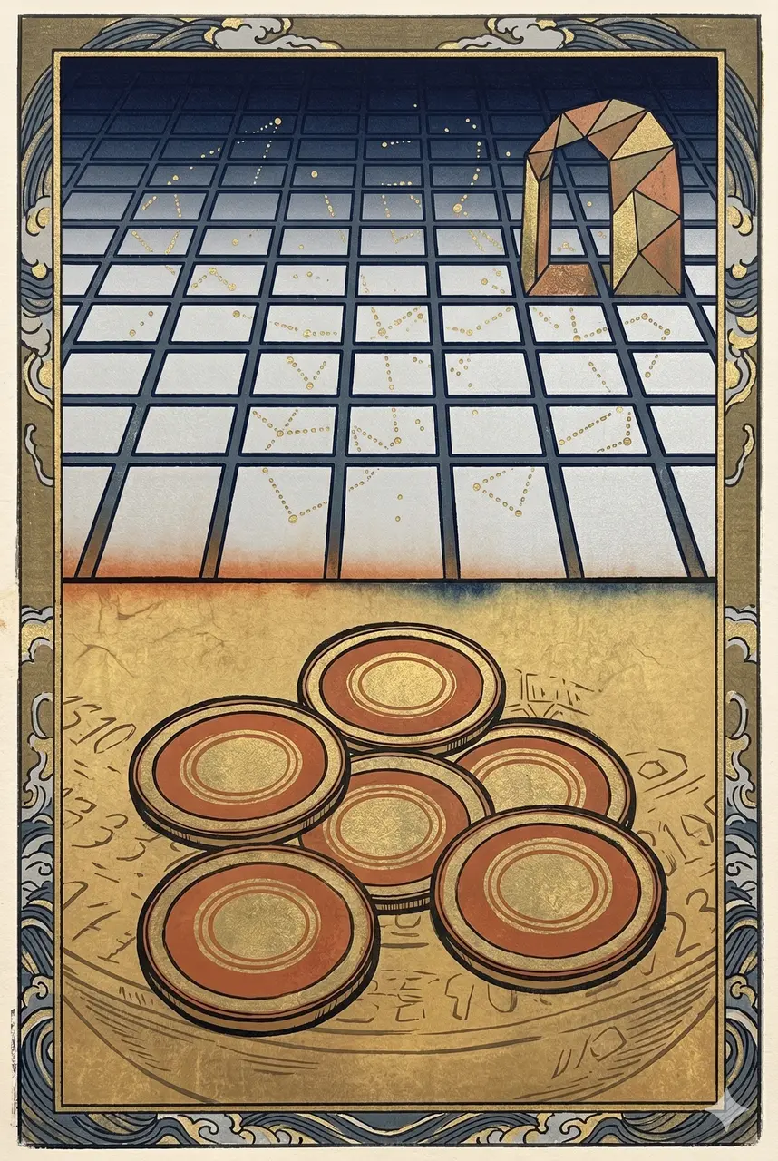 An abstract digital ledger grid in the upper half and circular coin-disc forms on aged paper texture in the lower half, separated by a thin boundary, rendered in silver, faded gold, and rust against a midnight indigo gradient, never pure black