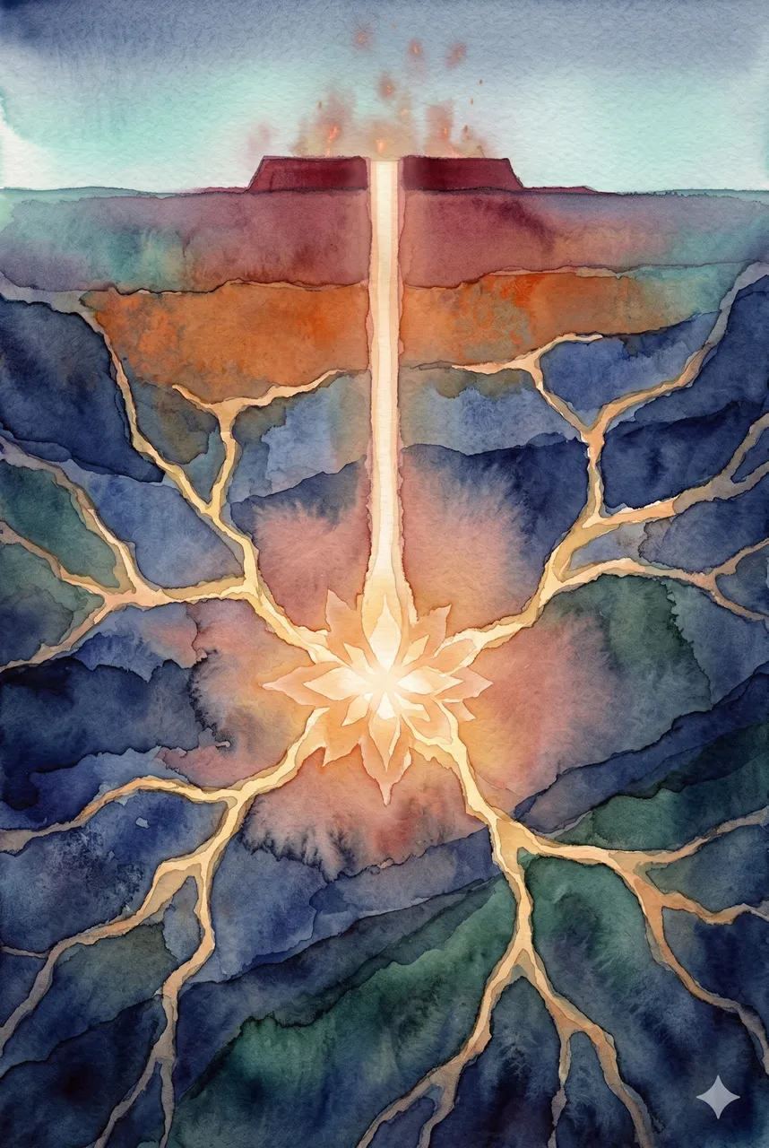 An abstract network of metallic veins traversing a subterranean space in a portrait frame, with a soft vertical column of light descending from above and joining the veins at a luminous intersection, rendered in faded gold and silver against a midnight indigo gradient, never pure black