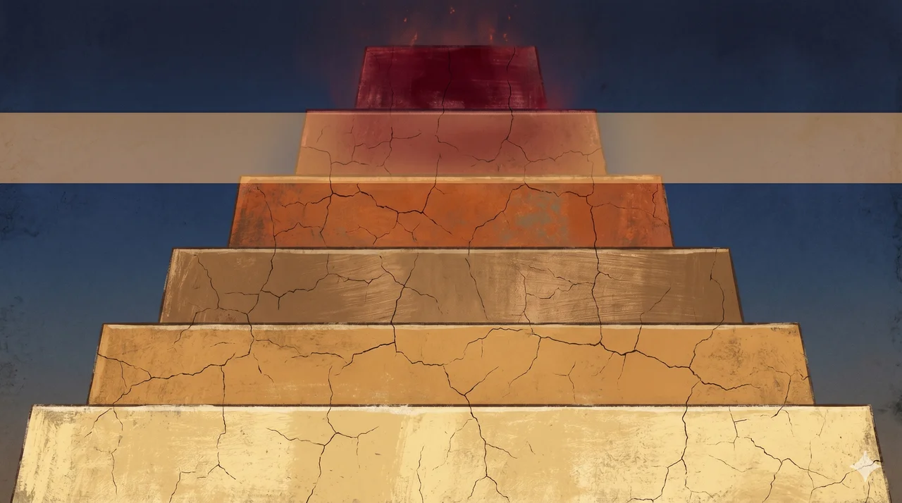 A horizontal six-tier pyramid stepped vertically, the lower tiers wider and pale gold, transitioning through rust to a deep crimson apex, overlaid with two horizontal bands of light suggesting a 79/21 ratio, rendered against a midnight indigo gradient, never pure black