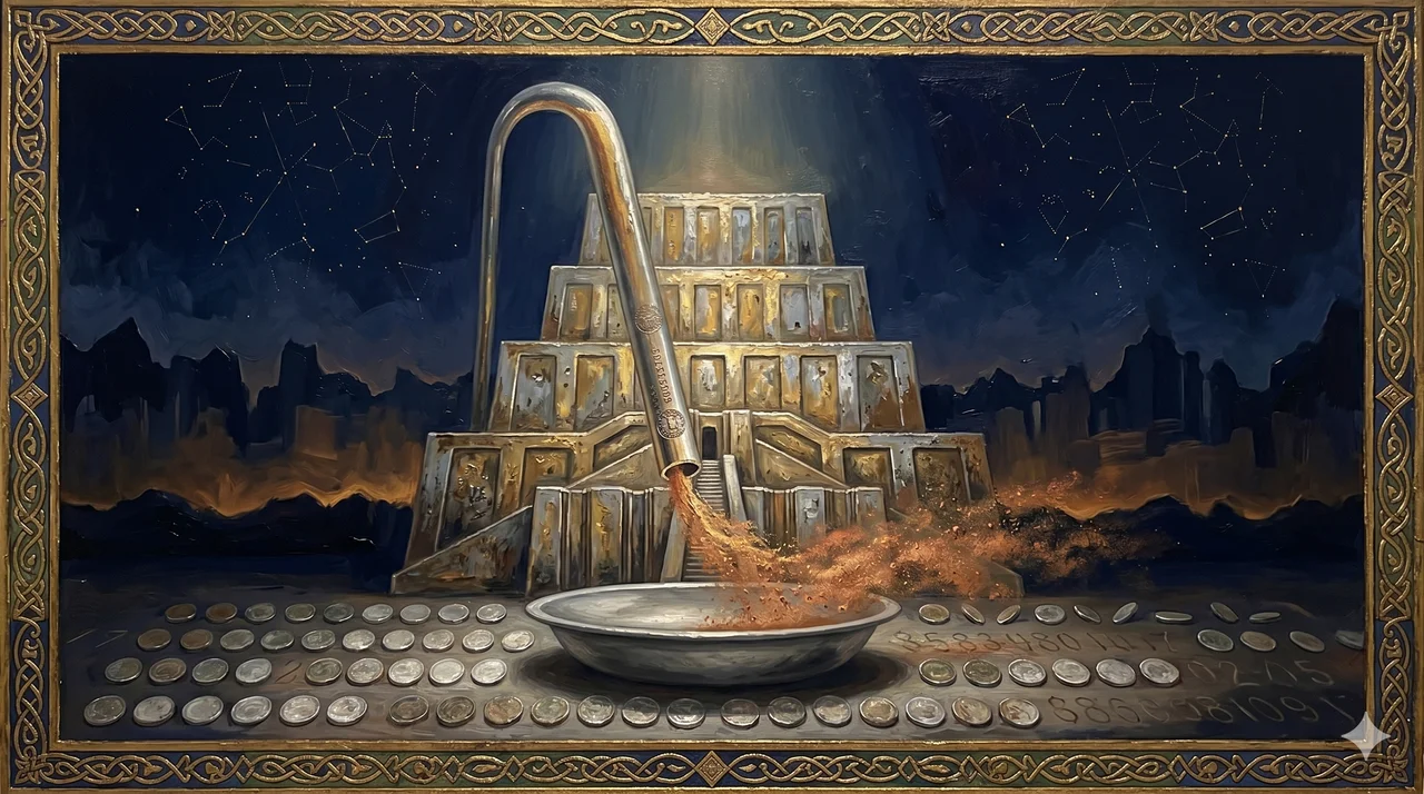 A thin metallic siphon stream descending into a receptacle and dispersing into rust-colored particles, framed by abstract horizontal mountain contours, rendered in faded gold and silver against a midnight indigo gradient, never pure black