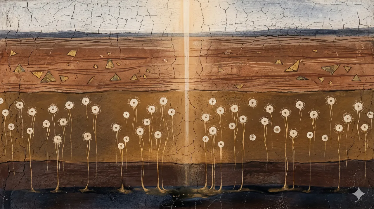 A horizontal frame with stacked subterranean layers, a central band populated by stylized microbial dots emitting thin streams of golden fluid, a vertical column of light descending from above, rendered in browns and faded gold against a midnight indigo gradient, never pure black