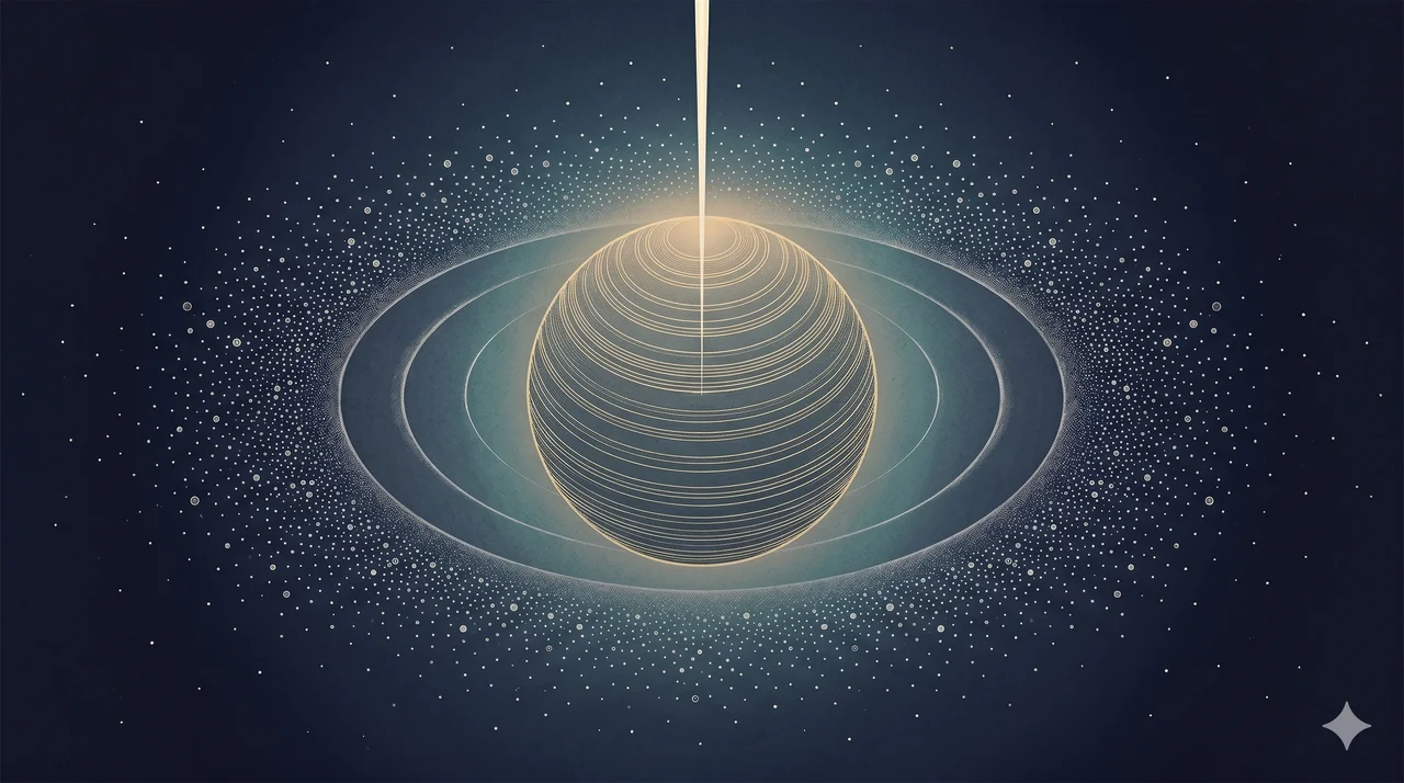 A horizontal frame with a large abstract orb at the center pulsing with soft outward ripples, surrounded by countless small distant points of light arranged in a quiet starfield, a vertical column of light descending from above to the orb's center, rendered in silver and faded gold against a midnight indigo gradient, never pure black