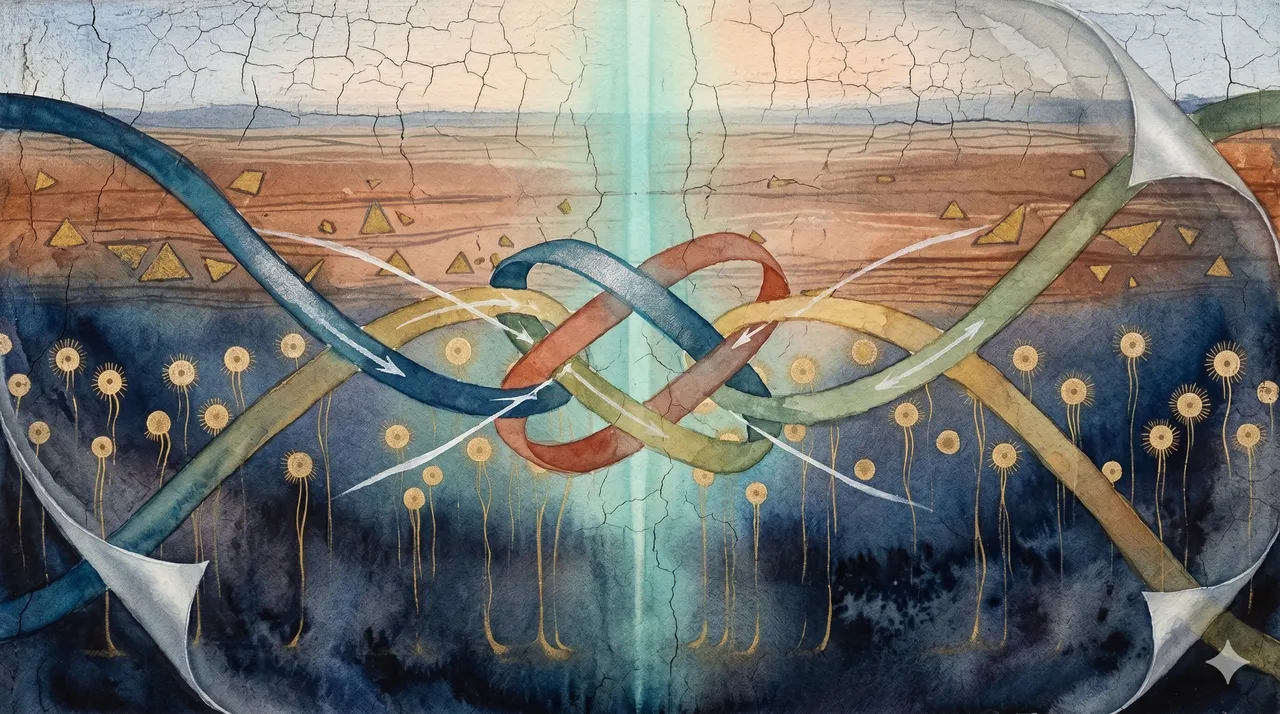 A horizontal frame with four loosely tangled ribbons in blue, red, green, and gold, crossing in the center and connected by slender light arrows, partially veiled by a translucent overlay peeling away in places, rendered in faded gold and silver against a midnight indigo gradient, never pure black