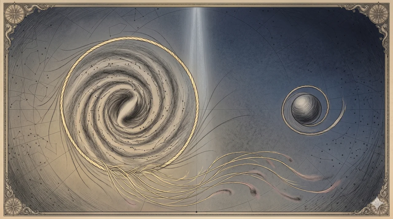 A horizontal galactic spiral with a slowly unraveling lasso of light encircling it, threads drifting downward, an Earth-sized orb floating with its own dissolving overlay, rendered in faded gold and silver against a midnight indigo gradient, never pure black