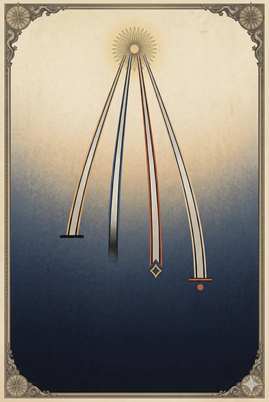 A portrait frame with four slender luminous conduits descending from a single source at top, each branch fading out partway down, rendered in silver and faded gold against a midnight indigo gradient, never pure black