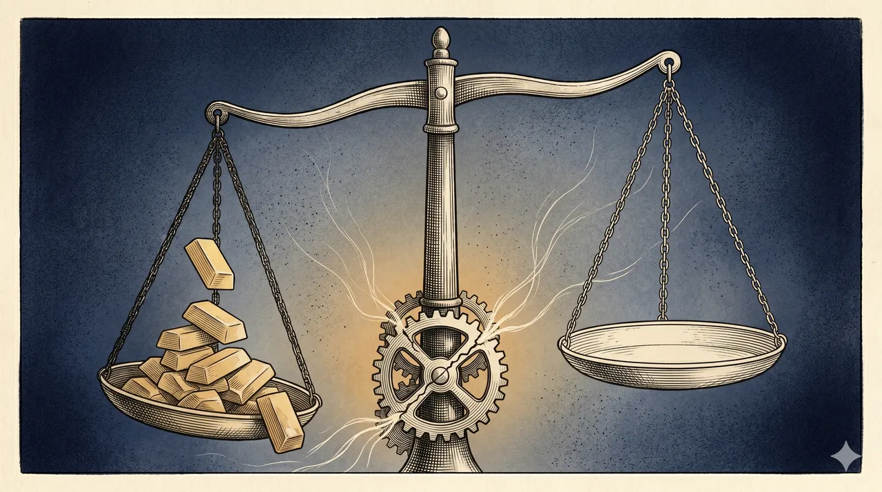 An old balance scale tipped heavily to one side, with small golden ingots piled on the descending tray and the opposite tray empty, an ancient gear mechanism at the fulcrum with thin cracks leaking light, rendered in faded gold and silver against a midnight indigo gradient, never pure black