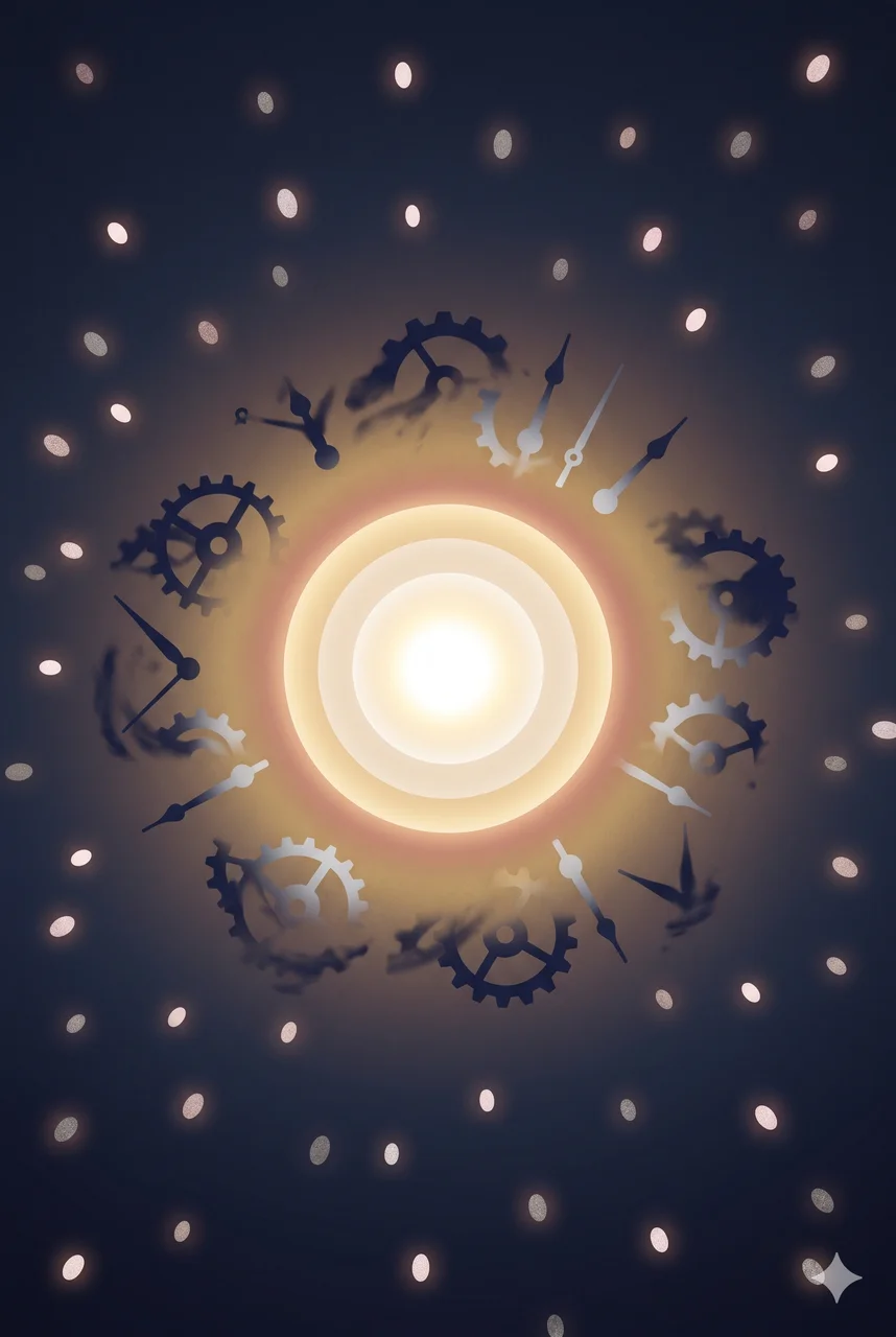 A pure brilliant white-gold orb at the center of a portrait frame, dissolving gears and clock hands fading at its edges, faint dotted silhouettes of souls hovering in the surrounding space, rendered in white-gold and silver against a midnight indigo gradient, never pure black