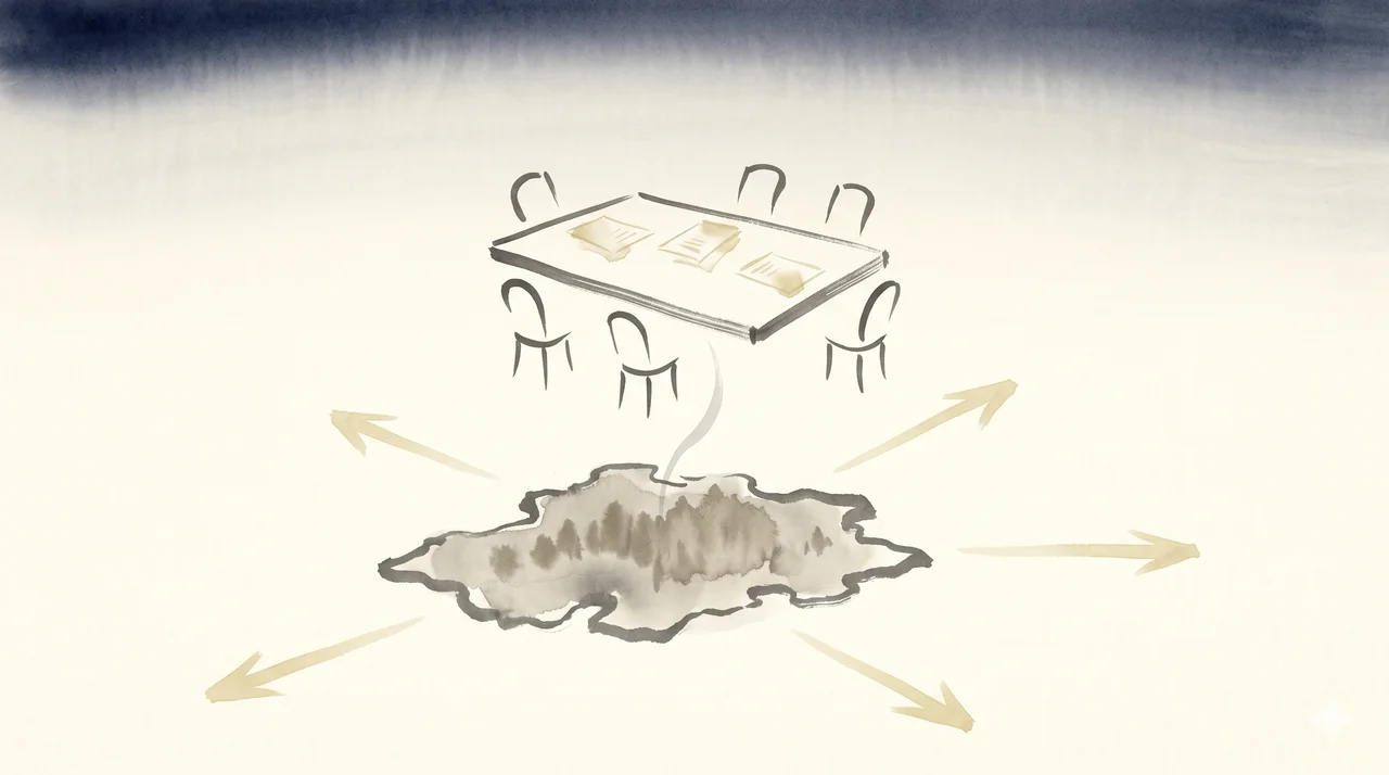 A small Caribbean island outline in the lower half of a horizontal frame, an empty meeting table and chairs floating above the island with translucent documents on top, no people, four faint light arrows pointing outward from the island toward distant horizons, rendered in faded gold and silver against a midnight indigo gradient, never pure black