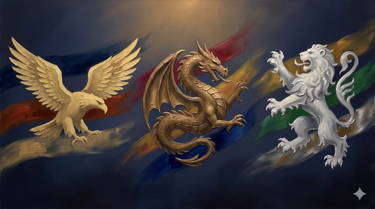 Three abstract heraldic silhouettes across a horizontal frame: an eagle with outstretched wings on the left, a curled dragon in the center, a rampant lion on the right, each surrounded by drifting bands of flag colors, rendered in faded gold, silver, and bronze against a midnight indigo gradient, never pure black
