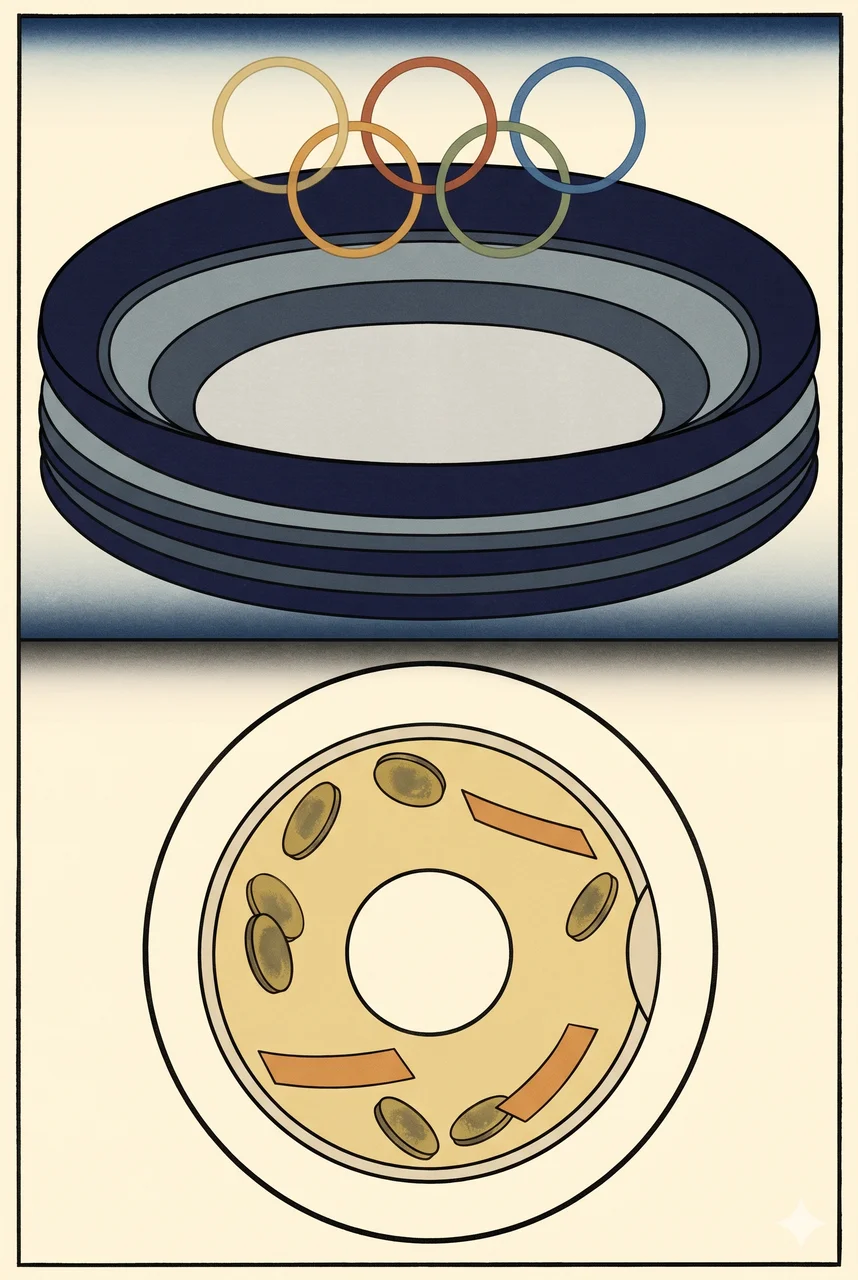 A large abstract stadium silhouette in the upper half of a portrait frame, transitioning into a transparent laundromat drum in the lower half with coins and bills tumbling inside, five faint abstract rings hovering between them, rendered in faded gold and silver against a midnight indigo gradient, never pure black