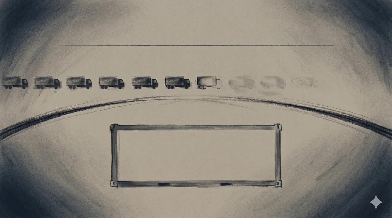 A curved border line across a horizontal frame with a row of small rectangular truck silhouettes fading at the center, a large abstract shipping container outline overlapping beneath them, a single thin horizontal line of light cutting through above, no flames or smoke, rendered in faded bronze and muted gold against a midnight indigo gradient, never pure black