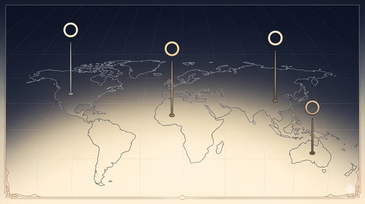 An abstract world-map outline across a horizontal frame with four thin pins of light at distinct positions, a small ring of light hovering above each pin, no human figures or ritual objects, rendered in faded silver and muted gold against a midnight indigo gradient, never pure black
