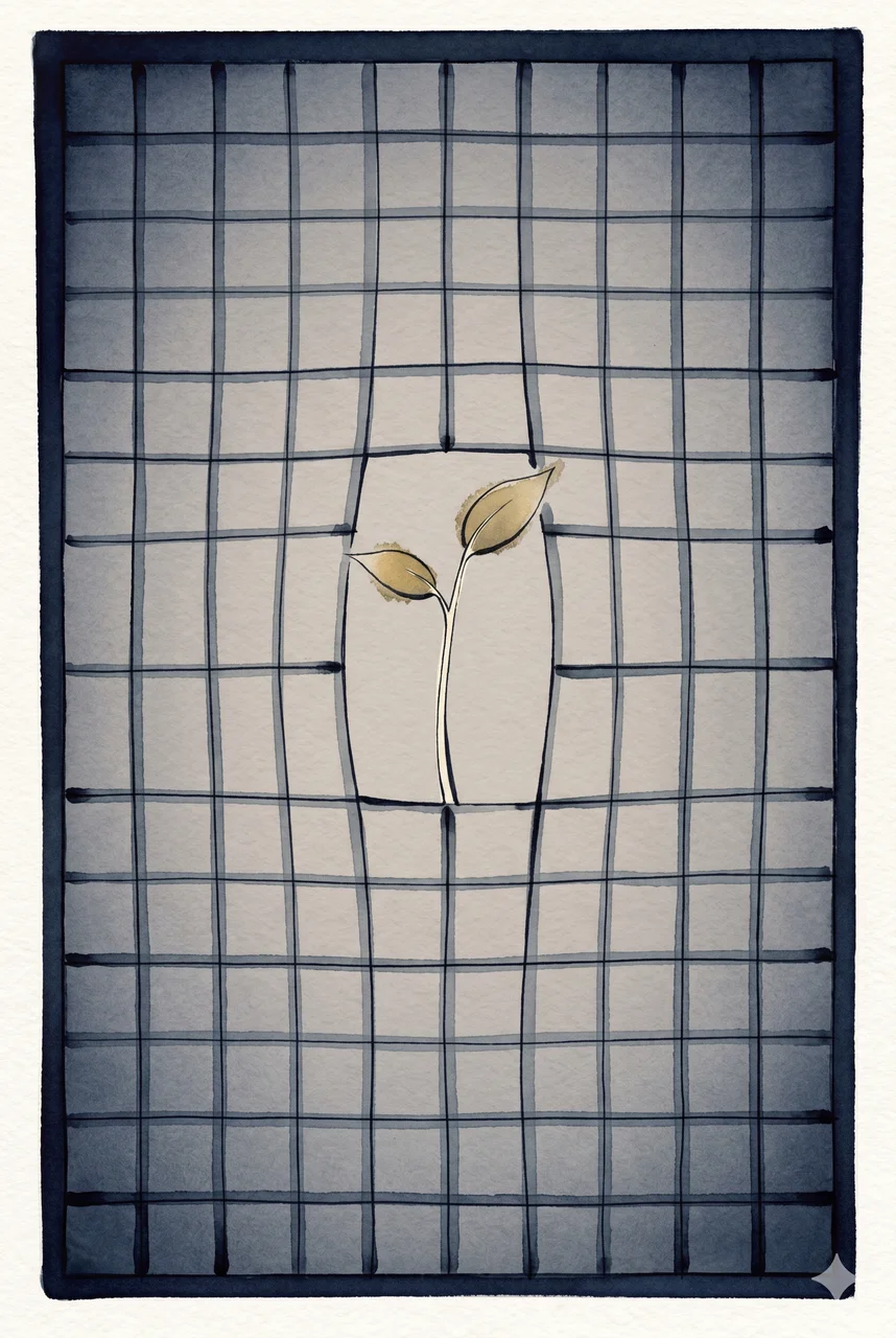A fine mesh grid filling a portrait frame in muted blue-grey tones, a single wider gap opening near the center with a slender young sprout rising from it, two small faded gold leaves on the sprout, surrounding grid in faded silver against a midnight indigo gradient, never pure black