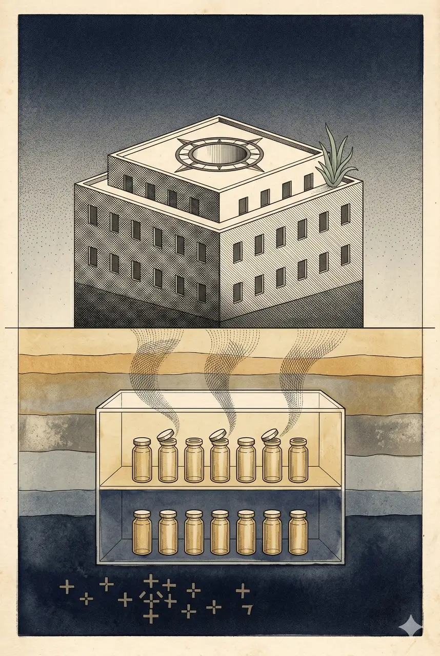 A tower-like building silhouette in the upper half of a portrait frame, transitioning into a transparent underground lab outline in the lower half with rows of small vials, several caps lifted with mist rising from them, no readable labels, rendered in faded silver and muted gold against a midnight indigo gradient, never pure black