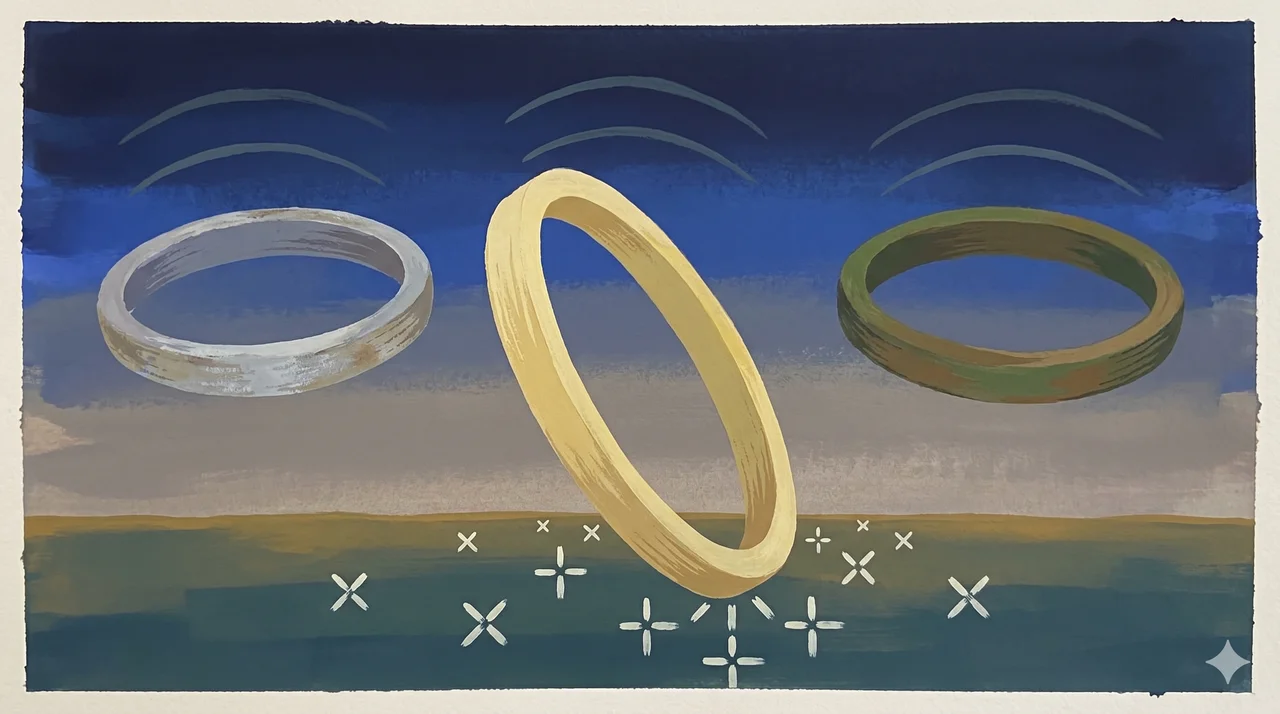 Three faint rings of light descending toward Earth in a horizontal frame, the central ring plunging more steeply than the other two, the planet's surface below scattered with small crossroad symbols, rendered in faded gold, silver, and bronze against a midnight indigo gradient, never pure black