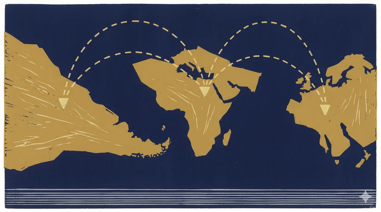 An abstract world-map outline rendered as thin contour lines across a horizontal frame, three small pins of light at distinct positions on different continents, faint dashed paths connecting them through the air, no flags or building silhouettes, rendered in faded gold and silver against a midnight indigo gradient, never pure black