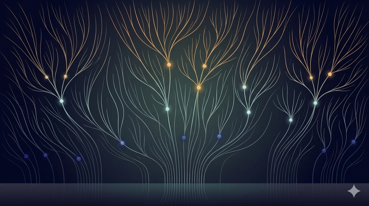 A network of slender lines sprouting upward from a horizontal base across a wide frame, faint nodes appearing at the junctions, the topmost nodes brighter than those near the base, no logos or city skylines, rendered in faded gold and silver against a midnight indigo gradient, never pure black