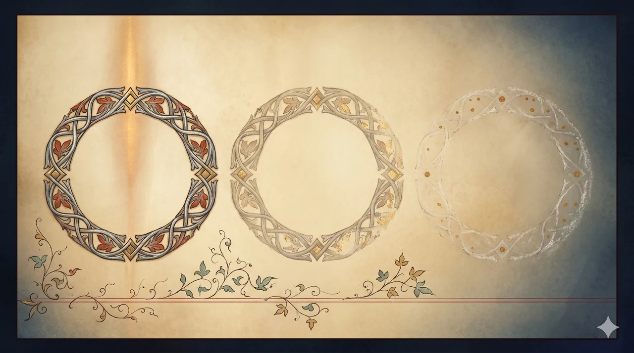 Three faint rings of light arranged horizontally across a wide frame, fading toward the right edge into deep indigo, the rightmost ring almost dissolved while the others remain barely visible, no human figures or symbols of religion, rendered in faded gold, silver, and bronze against a midnight indigo gradient, never pure black
