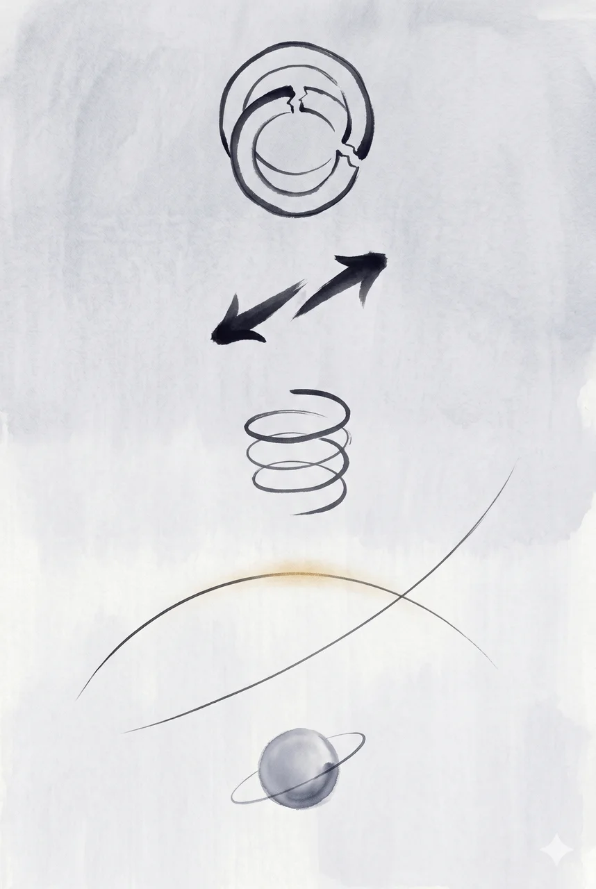 Five abstract icons stacked vertically in a tall frame, from top: a cracked horizontal line evoking a tectonic fissure, two opposing arrows like a compass needle reversing, a coiled helix, an arcing thin filament, and a single small circle with a faint orbit, no human figures or text labels, rendered in faded gold, silver, and bronze against a midnight indigo gradient, never pure black