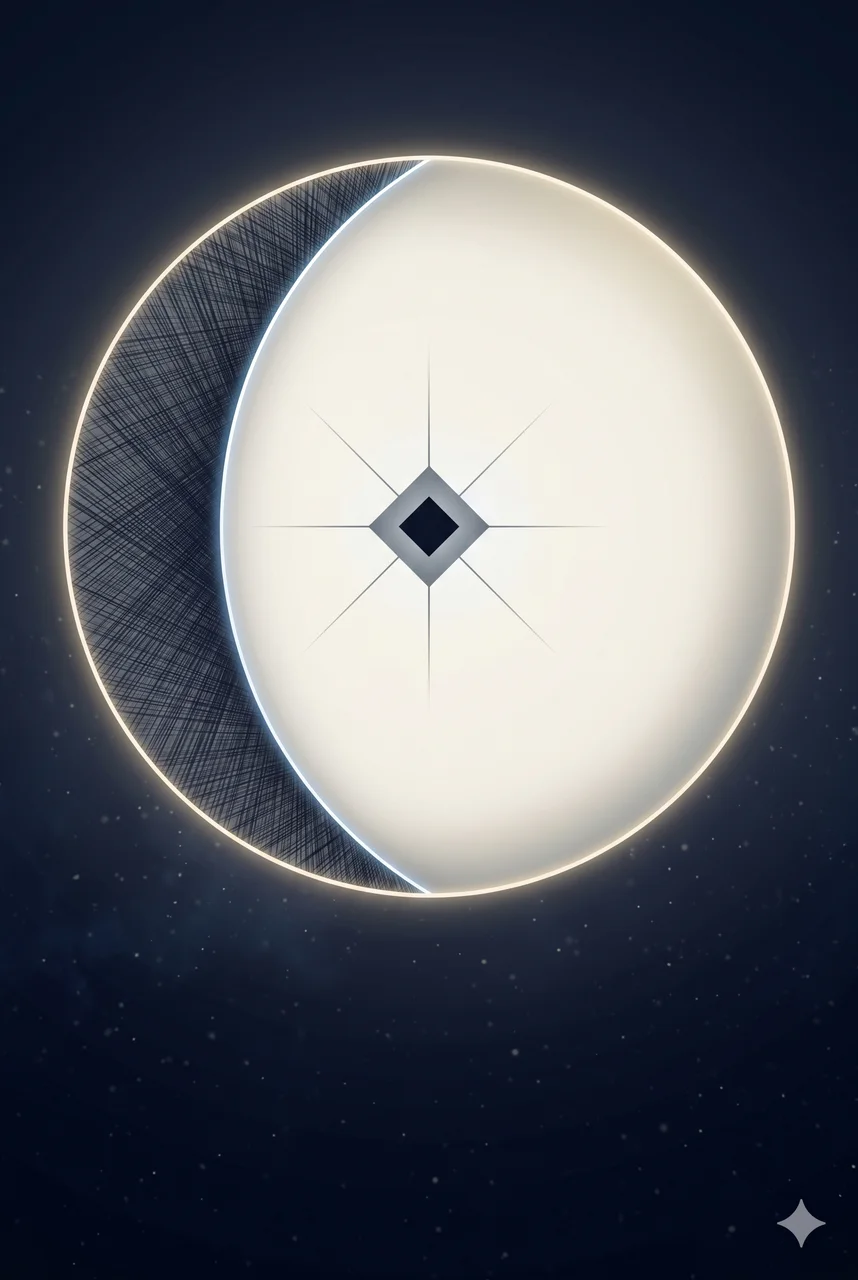 A tall vertical composition showing a circular field divided into two arcs in a roughly 21 to 79 ratio, the smaller arc filled with denser hatching, the larger arc nearly empty, a small geometric AI eye motif at the centre, no figures, faded silver and bronze lines against a midnight indigo gradient, never pure black