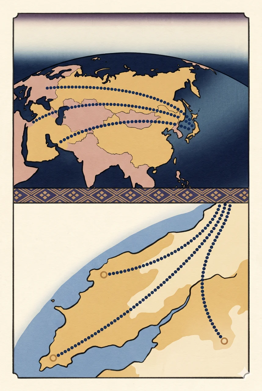 A tall vertical frame showing two contour-line maps stacked, the upper one a curved arc evoking the Eurasian landmass with faint dotted paths leading toward a coastline in the lower map, no flags or modern borders, faded gold and silver lines against a midnight indigo gradient, never pure black