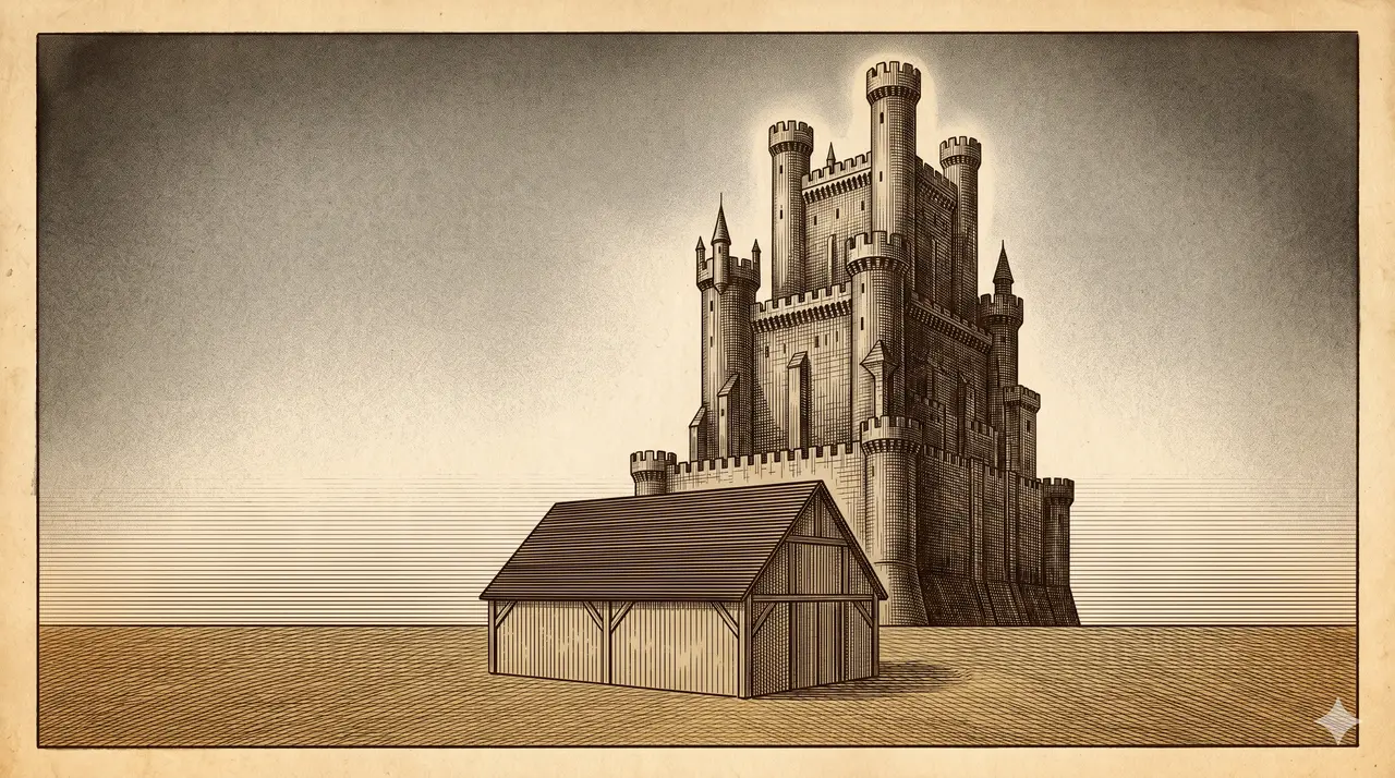 A simple wooden barn silhouette in the foreground with a faint castle outline rising behind it, the castle slightly larger than the barn would naturally allow, rendered as two layered contour drawings on a wide frame, no human figures and no flags, faded gold and bronze lines against a midnight indigo gradient, never pure black