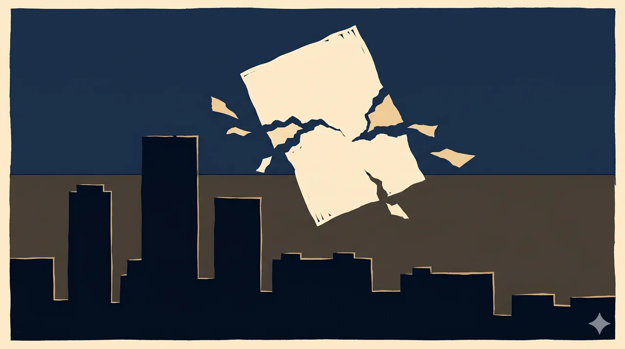 A horizontal composition of a city skyline rendered in faint contour outlines along the lower third of the frame, a torn contract motif floating in the upper half with frayed edges, no human figures, no faces, faded silver and bronze lines against a midnight indigo gradient, never pure black