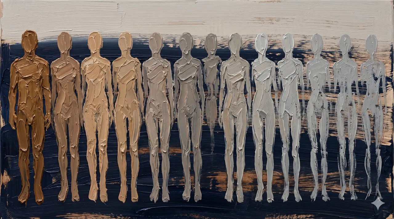 A horizontal row of identical silhouetted figure outlines fading from full opacity on the left to nearly transparent on the right, perhaps seventeen in total, no facial features, no insignia, rendered as repeated contour lines in faded silver against a midnight indigo gradient, never pure black