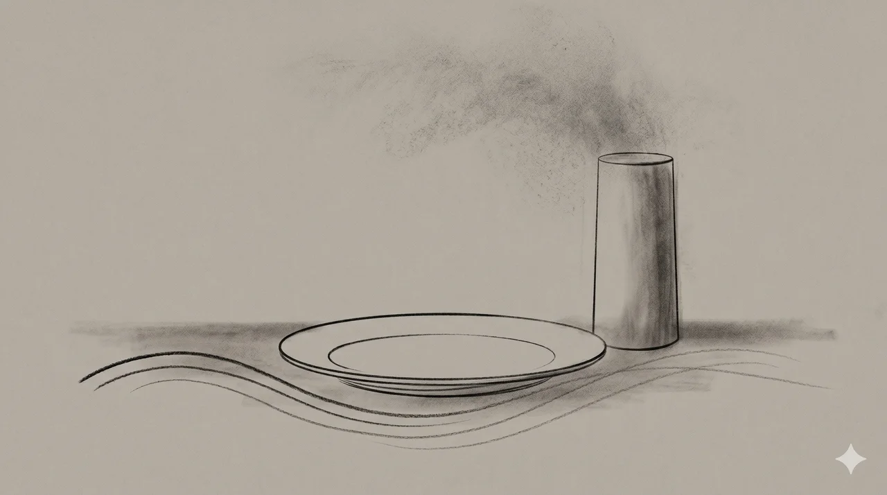 An abstract horizontal composition of a low circular plate beside a tall cylindrical tower outline, both rendered as simple contour shapes, a faint wave pattern connecting them across the lower frame, no human figures, no food details, no realistic reactor imagery, faded gold and bronze lines against a midnight indigo gradient, never pure black