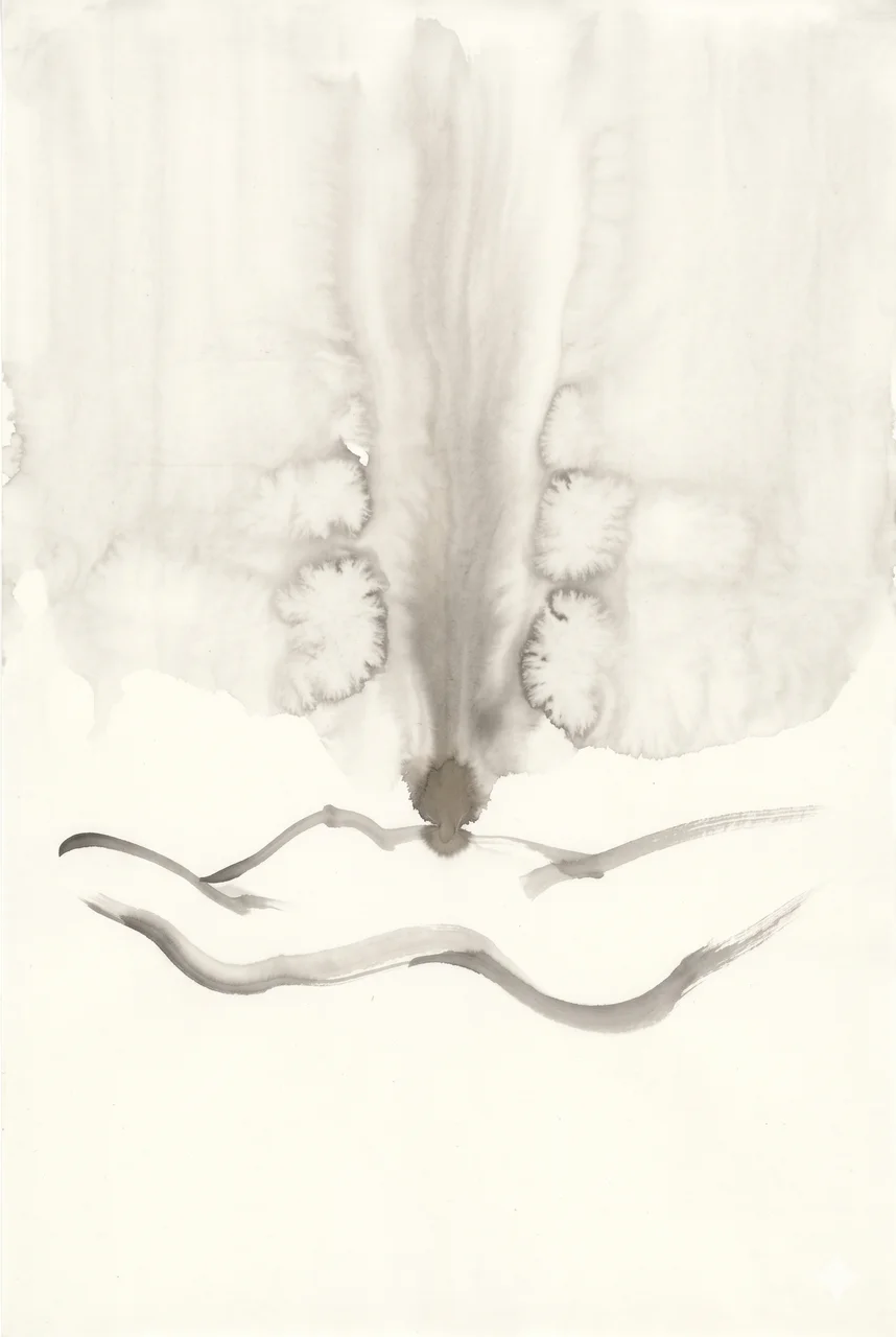 A tall vertical composition showing a horizontal contour silhouette of a person lying on their back, a faint vertical column of light rising from the midsection upward through the frame, no face, no clothing detail, no flesh tone, faded gold and silver lines against a midnight indigo gradient, never pure black