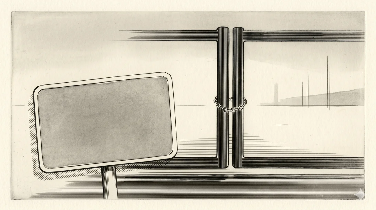 A horizontal composition of a faded rectangular sign in the foreground rendered as contour outlines with no readable text, a closed-gate motif behind it, no government insignia, no human figures, faded silver and bronze lines against a midnight indigo gradient, never pure black