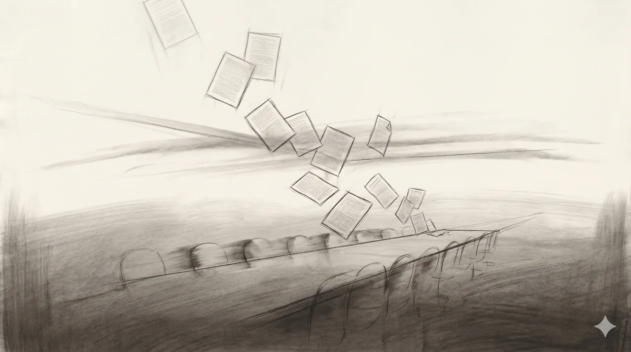An abstract horizontal composition of an empty long conference hall rendered as faint contour outlines along the lower frame, with a fan of unsigned contract pages drifting in the upper half, no human figures, no logos, no flags, faded gold and bronze lines against a midnight indigo gradient, never pure black