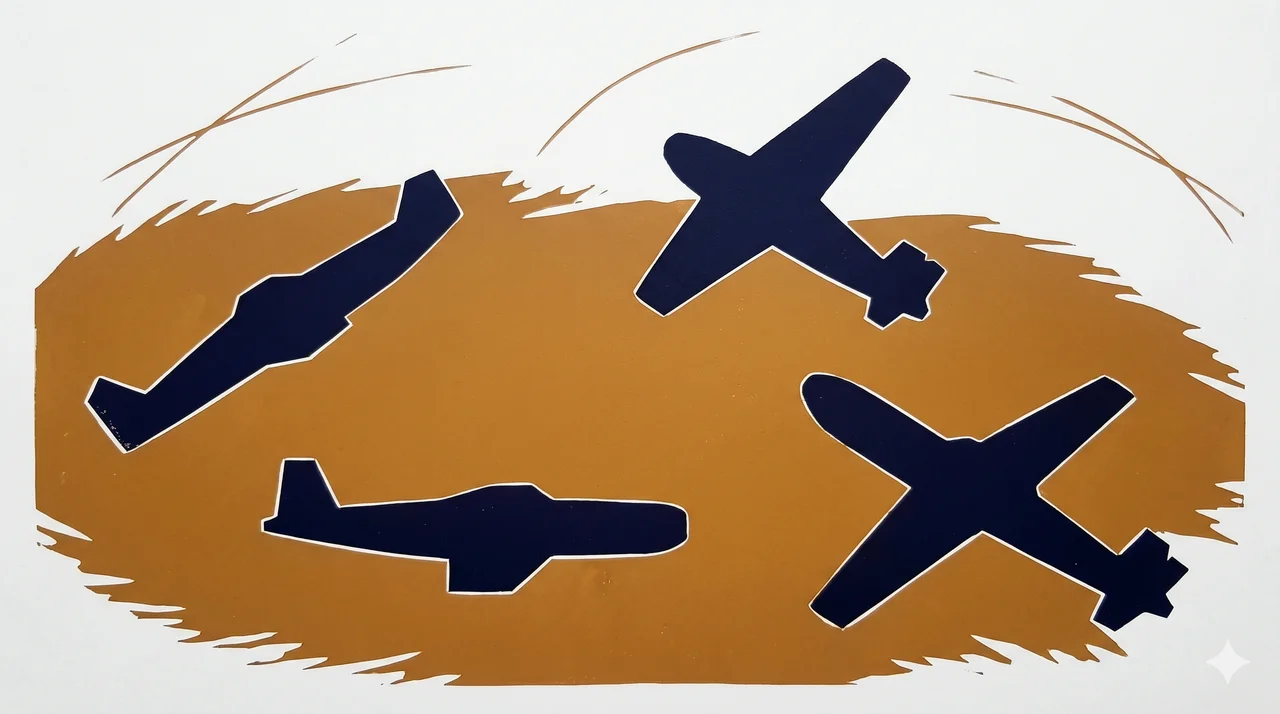 A horizontal composition of four abstract C-130-shaped silhouettes arranged in a loose curve across the frame, rendered as faint contour outlines with no markings, no national flags, no realism, no human figures, faded bronze and silver lines against a midnight indigo gradient, never pure black