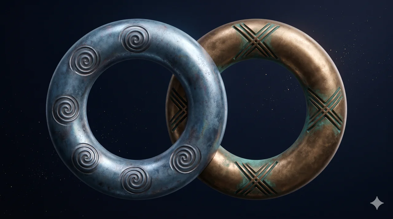 A horizontal composition of two interlocking ring shapes rendered as contour outlines along a wide frame, one ring marked with abstract spiral motifs suggesting infection, the other with crossing line motifs suggesting conflict, no human figures, no medical or military imagery, faded bronze and silver lines against a midnight indigo gradient, never pure black