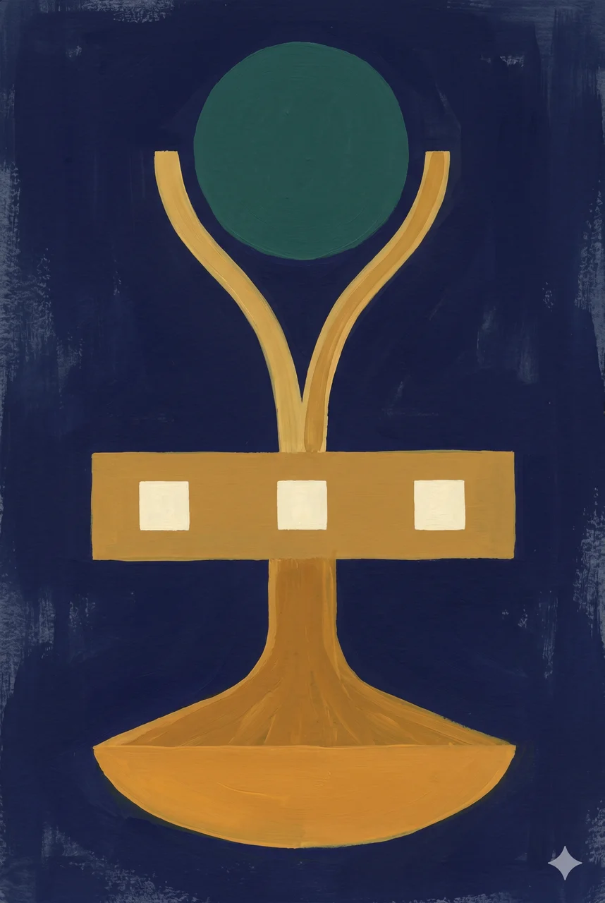 A tall vertical composition showing a downward flow of abstract value moving from a top circle through a horizontal bar marked with simple service icons toward a wider basin below, no logos, no currency symbols, no human figures, faded gold and bronze lines against a midnight indigo gradient, never pure black