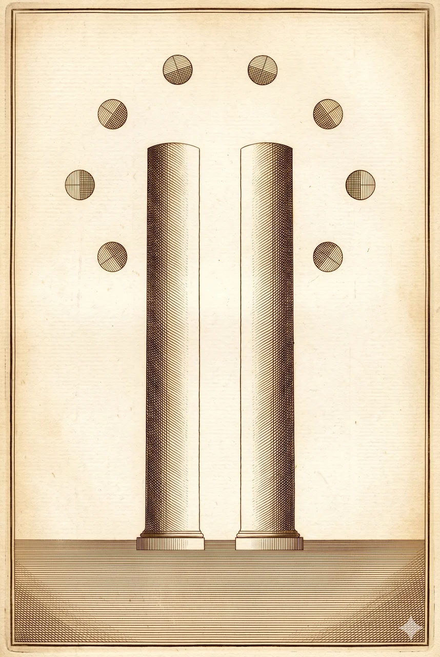 A tall vertical composition showing two parallel pillars rendered as faint contour outlines along the lower frame, with six small orbiting marks arranged around them in a loose ring above, no human figures, no anthropomorphic forms, no readable text, faded gold and silver lines against a midnight indigo gradient, never pure black